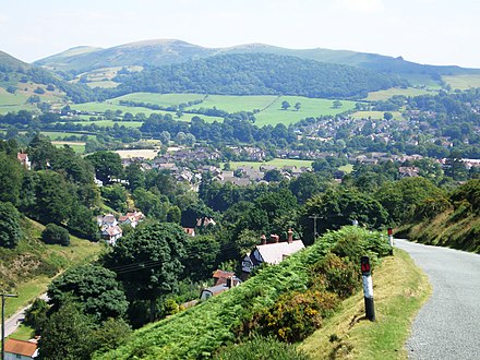 The northern parts of the town from the Burway; the entrance to Carding Mill Valley is below on the left