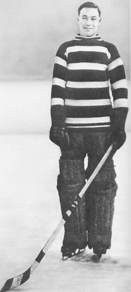 Clint Benedict, shown in 1923, became the first ice hockey goalie to wear facial protection in a game in 1930.