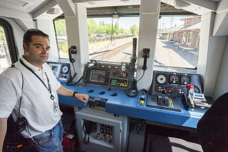 The control desk of an Amtrak Talgo-designed Series 8 Cab Control Car Controls (9403404118).jpg