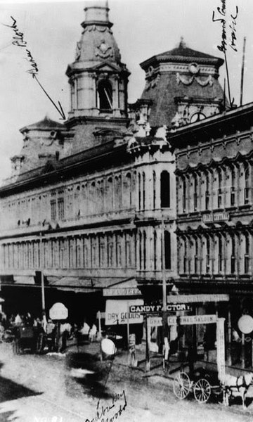 B. F. Coulter's Dry Goods (bottom center) in the Baker Block, N. Main Street at Arcadia, c. 1880