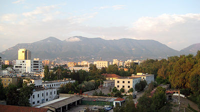 Mount Dajt overlooking Tirana. TV and radio transmitters are mounted at Fushe Dajti plain and on the highest peak at the altitude of 1613 meters.