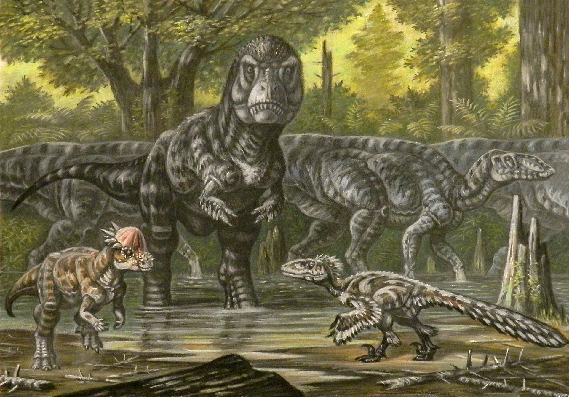 Dakotaraptor, Edmontosaurus, Pachycephalosaurus and Tyrannosaurus.jpg