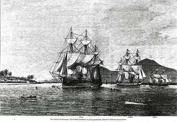 Illustration of the Central America Squadron, with Leipzig, Elisabeth, and Ariadne from left to right