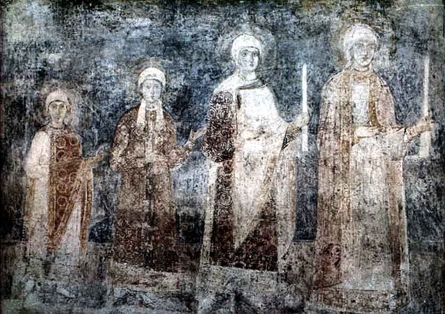 11th-century fresco of Saint Sophia's Cathedral, Kiev, representing the daughters of Yaroslav I, with Anne probably being the youngest. Other daughter
