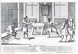 Fencing lesson at the university fencing school in Altdorf, 1725 Dendrono - Der fechtende Student.jpg