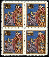 Danish Christmas seals in block of four, 1920 issue Denmark Christmas seals, block of four, 1920 issue.jpg