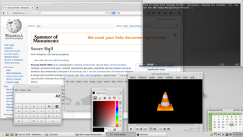Linux Mint with an XCFE desktop environment, VLC, GIMP, VIM, the calculator, the calendar and Mozilla Firefox.