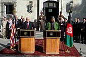 U.S. Vice President Dick Cheney and Hamid Karzai during a news conference on 7 December 2004. Dick Cheney and Hamid Karzai in 2004.jpg