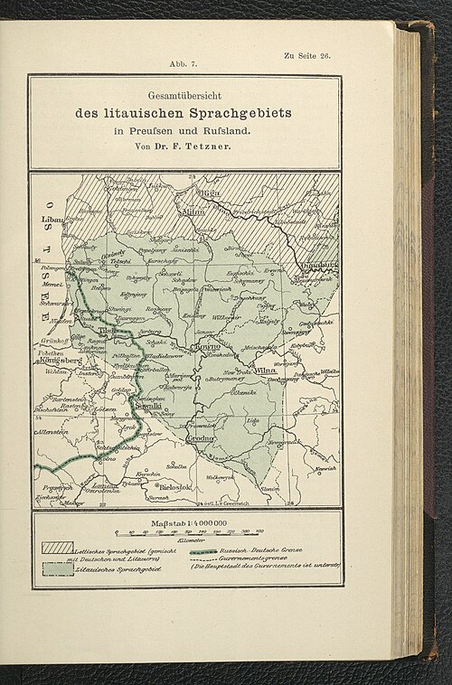 Linguistic areal of the Lithuanian language in Russia and German Prussia by Ethnographer Franz Oskar Tetzner in 1902