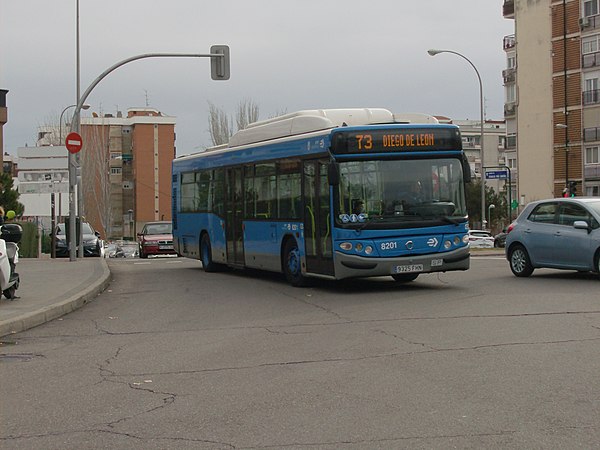 A typical transit bus in Madrid, Spain.