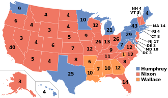 Republican Richard Nixon defeated Democrat Hubert Humphrey in the 1968 presidential election ElectoralCollege1968.svg