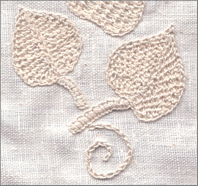 Embroidery with stems in buttonhole and leaves in detached buttonhole stitch, worked in natural perle cotton on cotton-linen fabric, United States, 1990s.