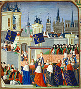 Bavyeralı Isabella'nın Froissart's Chronicles'daki bir minyatürden Paris'e girişi, Mazerolles'li Philip'e atfedilir (c. 1470-1472)