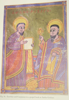 Eusebius of Caesarea and Carpianus depicted as Saints in a gospel book from monastery at Amba Geshan