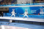 Deutsch: Fechten bei den Olympischen Jugend-Sommerspielen 2018: Tag 1, 7. Oktober 2018, Jungen, Säbel, Finale - Krisztián Rabb (HUN) - Hyun Jun (KOR) (USA) 15:13 English: Fencing at the 2018 Summer Youth Olympics at 7 October 2018 – Boys' sabre Gold medal match – Krisztián Rabb (HUN) Vs Hyun Jun (KOR) (USA) 15:13