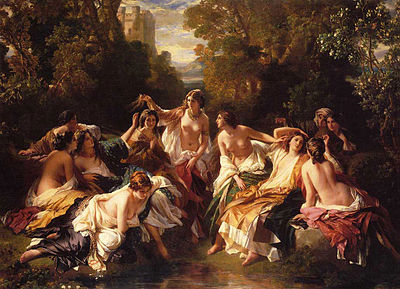 King Roderic watches from the trees (left) as Florinda and the other palace girls bathe in a garden.
Florinda (1853) by Franz Xaver Winterhalter Franz Xaver Winterhalter Florinda.jpg