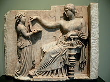 Gravestone of a woman with her slave child-attendant, c. 100 BC Grabstein einer Frau mit Dienerin.jpg