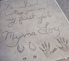 Many older entries contain personal messages to Sid Grauman, such as Myrna Loy's 1936 contribution. Her first job was as a dancer at the theater in the 1920s. Grauman's Myrna Loy.jpg