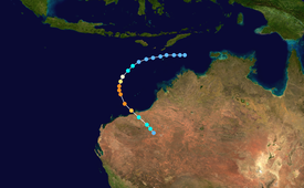 Un mapa de un camino a través del este del Océano Índico cerca de Australia.  La mayor parte del país se puede ver en el lado derecho de la imagen.  Algunas de las islas de Indonesia son visibles en la parte superior.