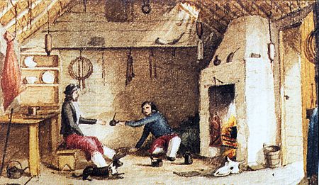 Falkland gauchos having mate at Hope Place - Saladero, East Falkland. Watercolour by Dale, manager of Hope Place in the 1850s. Hope-Place.jpg