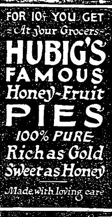 1922 New Orleans newspaper advertisement for "Hubig's Famous Honey-Fruit Pies". Hubigs Pies Ad New Orleans Item 24 May 1922.jpg
