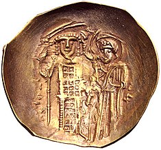 Coin depicting a man being crowned.