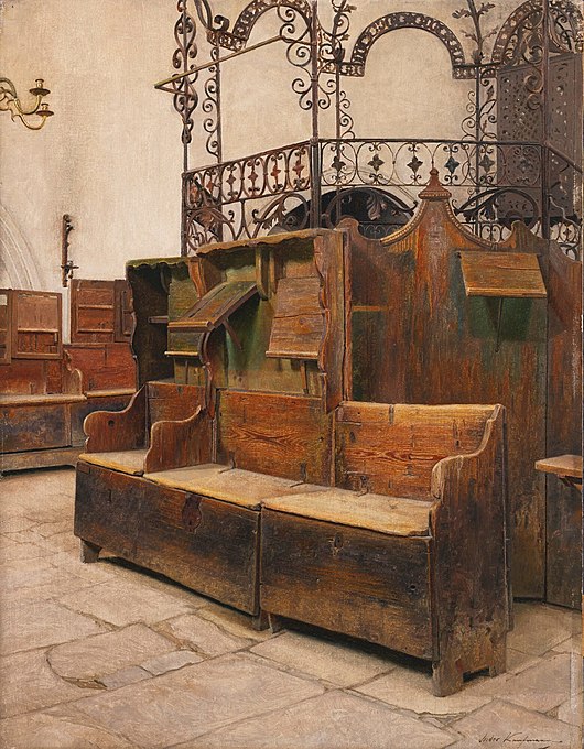 Interior of the Holleschau Synagogue, by Isidor Kaufmann.jpg