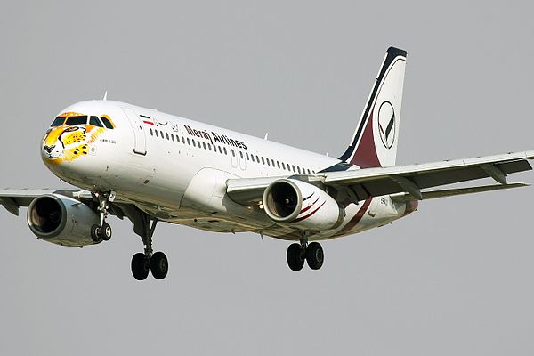 Meraj Airlines Airbus A320 landing at Mehrabad International Airport, with special Asiatic cheetah livery on its nose in support of a wildlife conserv