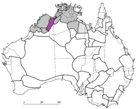 Rozšíření jarrakanských jazyků na mapě Austrálie (fialově)