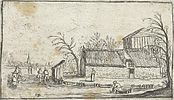 Johannes Pietersz. Berendrecht (After Esaias van de Velde). Frozen river with ice skaters and a farmhouse label QS:Len,"Frozen river with ice skaters and a farmhouse" label QS:Lpl,"Zamarznięta rzeka z łyżwiarzami i wiejskim domem" label QS:Lnl,"Bevroren rivier met schaatsers bij een boerderi" 1610-1617. etching print. 5.8 × 9.7 cm (2.2 × 3.8 in). Amsterdam, Rijksmuseum Amsterdam.