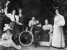 The Winteler family and Maja Einstein, in 1900. From left to right: Marie Winteler, Maja Einstein, Paul Winteler, Anna Winteler, Jost Winteler, Pauline Winteler, and Rosa Winteler Jost Winteler mit Familie und Maja Einstein, um 1900.jpg