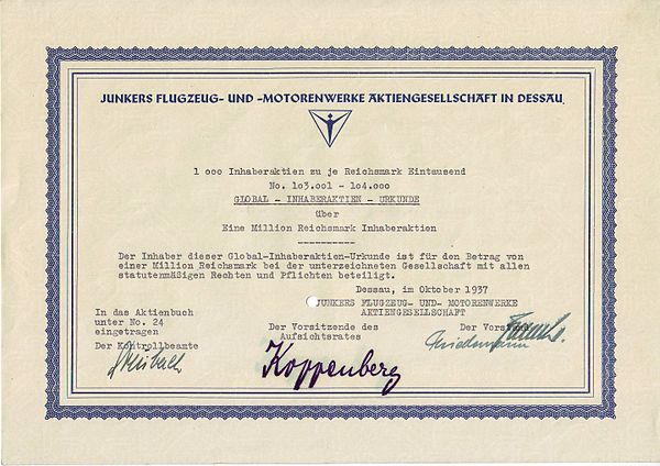 Share of the Junkers Flugzeug- und Motorenwerke AG, issued October 1937