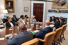 Vice President Kamala Harris leads a roundtable discussion on cannabis reform at the White House on March 15, 2024 Kamala Harris cannabis roundtable White House March 2024.jpg