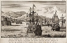 Lambert again throwing Algerians over board in the Expedition to Algiers (1624) Kapitein Lambart met 6 schepen uit Holland na Algiers gesonden - Dutch captain Lambert throws prisoners into the sea before Algiers (Jan Luyken, 1684).jpg