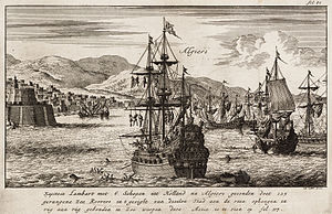 Kapitein Lambart met 6 schepen uit Holland na Algiers gesonden - Dutch captain Lambert throws prisoners into the sea before Algiers (Jan Luyken, 1684).jpg
