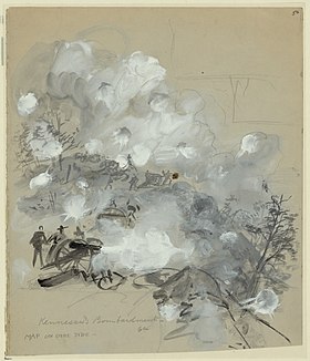 Black ink wash on light gray paper by Alfred Waud shows Union artillery firing near Kennesaw Mountain.