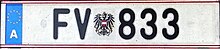 Vehicle registration plate, FV for Finanzverwaltung (financial administration) Kennzeichen der Finanzverwaltung Osterreich A - FV 833.jpg