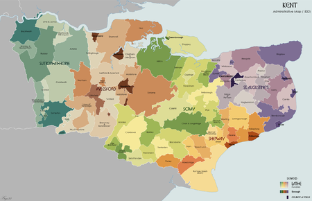 Map showing the location and boundaries of the hundreds of Kent as they were in 1832, showing the exclaves of Codsheath and other hundreds Kent Administrative Map 1832.png