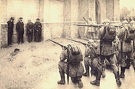 Tableau montrant un peloton d’exécution sur le point de fusiller plusieurs hommes