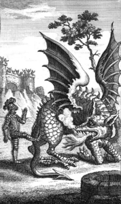 John Frederick Lampe – The Dragon of Wantley – Moore tötet den Drachen mit einem Fußtritt – Bildtafel von John June im gedruckten Libretto