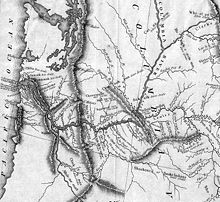 Gammelt kort, der repræsenterer reliefen og omridset af floderne, hvor der også nævnes de befolkede steder.