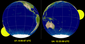 A simulation of the start and end of the August 28, 2007 lunar eclipse, viewed from the center of the Moon. Lunar eclipse from moon-07aug28.png