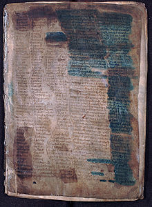 MS 1467, folio 1, recto. Note the stains which are the result of 19th century attempts at rendering the text more legible. MS 1467, folio 1, recto.jpg