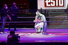 Guerrero Maya Jr. posing in the ring at a CMLL show in July 2020 MX MM TERCERA LUCHA 39.jpg