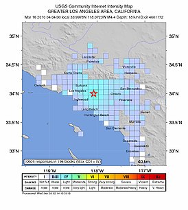 Эпицентр землетрясения к северо-востоку от Пико Ривера 16 марта 2010 года (Снимок USGS)