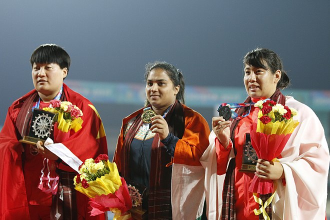 The original podium Manpreet Kaur Won Gold For India. China's Guo Tianqian Won Silver And Japan's Aya Ota Won The Bronze Medal.jpg