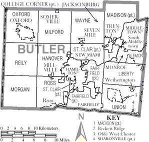 Carte de Butler County Ohio avec les étiquettes municipales et cantonales.PNG