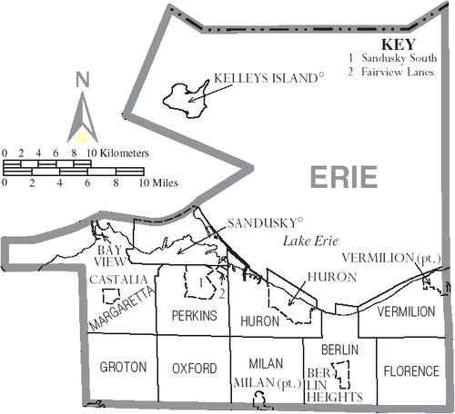 Map of Erie County, Ohio With Municipal and Township Labels
