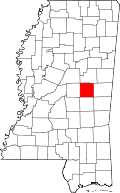 Kort over Mississippi med Neshoba County markeret