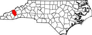 Map of North Carolina highlighting Haywood County